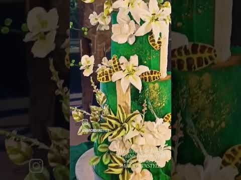 Green white and Gold wedding cake with Sugar Flowers