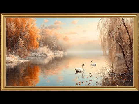Golden Winter Swan Lake – 4K Frame TV Art | Early Winter Sunrise Oil Painting Screensaver