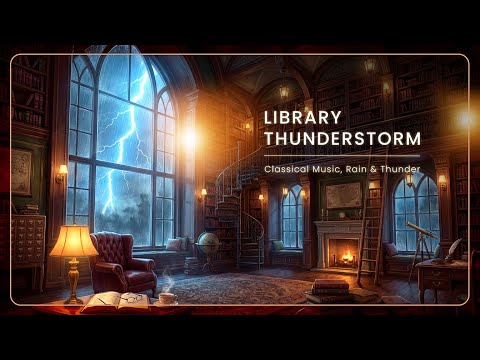 Cozy Library with Thunderstorm ⚡ Rain & Thunder Sounds with Classical Music for Sleep, Study & Focus