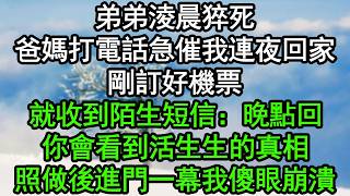 弟弟淩晨猝死，爸媽打電話急催我連夜回家，剛訂好機票，就收到陌生短信：晚點回！你會看到活生生的真相！照做後進門一幕我傻眼崩潰#深夜淺讀 #為人處世 #生活經驗 #情感故事