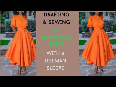 How to cut and sew an assymetrical flare dress with a dolman sleeve/ cut together sleeve