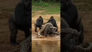 Gorilla Rescue Buffalo From Python #life #nature