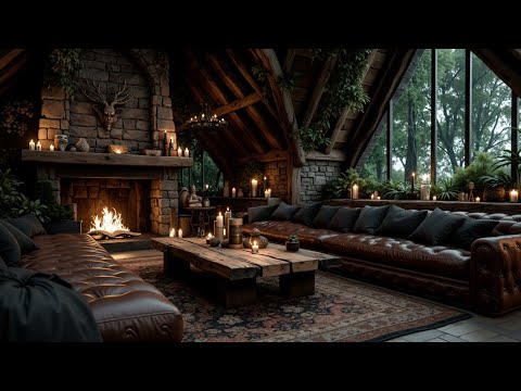 Luxurious Cozy Wood Cabin: Fireplace Comfort, Stunning Nature Views, Soft Jazz, Rain Sounds
