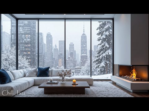 Winter Snowstorm at Cozy NYC Apartment Ambience with Warm Piano Jazz Music by Crackling Fire❄️🔥
