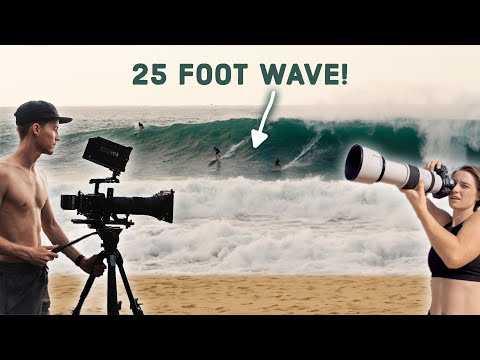 Filming HUGE SURF at Waimea Bay - North Shore, Oahu