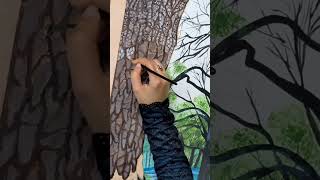 Painting realistic tree bark with acrylics. Texture and depth come to life in every stroke!"