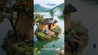 Grandma Cooks While Grandpa Fishes on a Floating Home 🏡🎣 | Peaceful Village Life #shorts #viralvideo