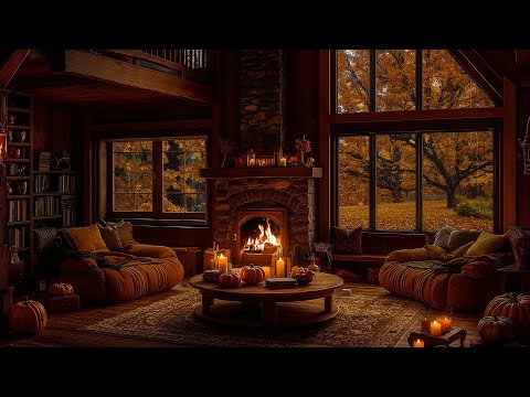 Relaxing Jazz and Autumn Rainy Skies 🍂 Fireside Cabin Space with Cozy Reading Nook for Stress Relief