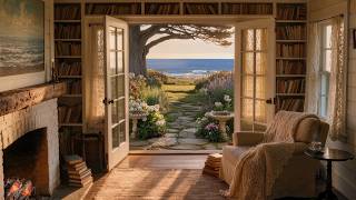 Cottage Library by the Sea 🌊 24/7 Live | Ocean Fireplace Ambience | Sleep, Study, Focus (No Ads)