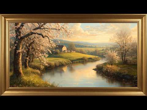 Golden River Bend Cottage – 4K Spring Landscape Art for Frame TV | Vintage Oil Painting