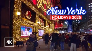 Holiday Decorations in NEW YORK - Evening Walking Tour 4K - Macy's Christmas Windows 2025
