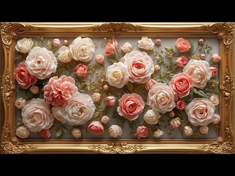 4 Hours of Elegant Rose Floral Painting in 4K  Golden Frame Art Screensaver  Relaxing TV Ambience
