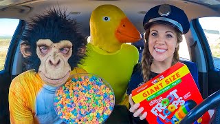 Police and Puppy Surprise Rubber Ducky and Monkey in Car Ride Chase!