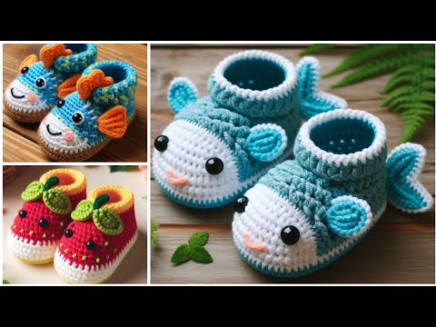 Crochet baby shoes model knitted with wool. Hand knitted baby shoes. #crochet