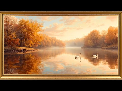 Golden Swan Lake – 4K Autumn Winter Landscape Art for Frame TV |  Vintage Oil Painting Screensaver