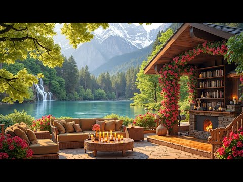 Relaxing Spring Jazz Coffee Shop Ambience Nature View Waterfall Background Study Focus