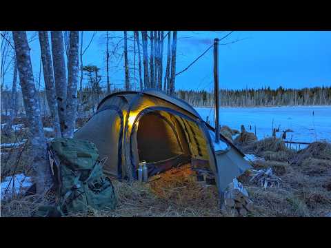 Solo Hot Tent Camping - High Winds, ICE, COLD - End of Winter