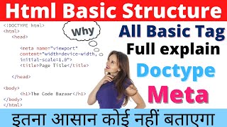 Html basic syntax, html tag, head tag, meta tags, title tag, body tag, doctype, structure of html