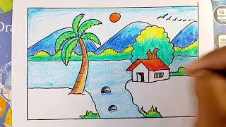 Scenery drawing village house beautiful scenery drawing colour drawing simple circle drawing 