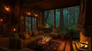 Crackling Fireplace in Cozy Cottage with Soft Jazz & Gentle Rain Sounds for Relaxation