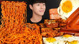 ASMR MUKBANG SPICY BULDAK NOODLES & SAUSAGES & CHICKEN TENDERS & FRENCH TOAST & FRIED EGGS