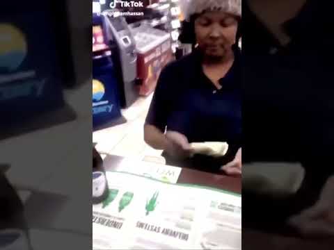 5.67 lady puts cash on counter violently oops cashier pushes bottles making them shatter says oops