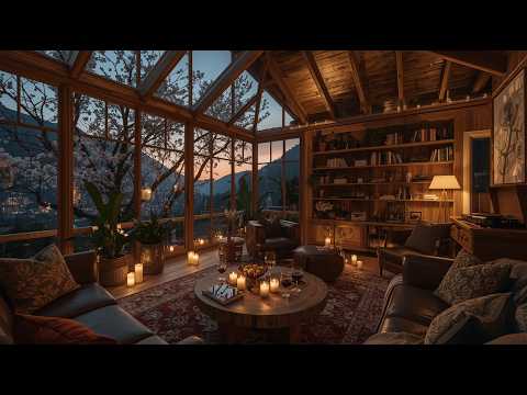 Cozy Jazz Sunroom at Sunset | Cherry Blossoms, Candles & Mountain Views | Relaxing Jazz Music 4K