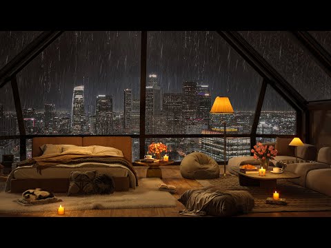 🛌 Cozy New York Bedroom with Soothing Jazz Ambience on a Rainy Night 🌧️ Rain Sounds for Deep Sleep