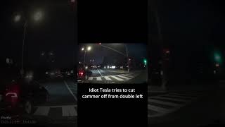 Idiot Tesla tries to cut cammer off from double left #idiotsondashcam #baddrivers #dashcamfails