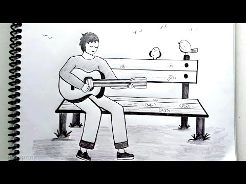 Boy With Guitar Singing to Birds || Easy Pencil Sketch || How to draw Boy with Guitar.
