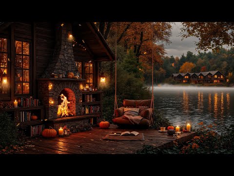 Lakeview on Porch Ambience 🍂 Misty Autumn with Soothing Jazz & Fireplace Sounds for Healing Soul