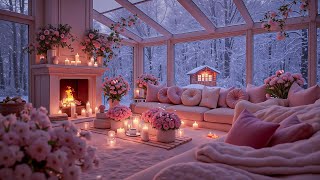 💗 Romantic Valentine’s Pink Snow Porch ❄️🔥 Crackling Fireplace & Cozy Jazz Ambience for Relax & Calm