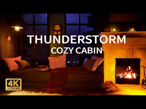 3 Hours Thunderstorm with Lightning Rain, Crackling Fireplace & Sleeping Cats in a Cozy Cabin