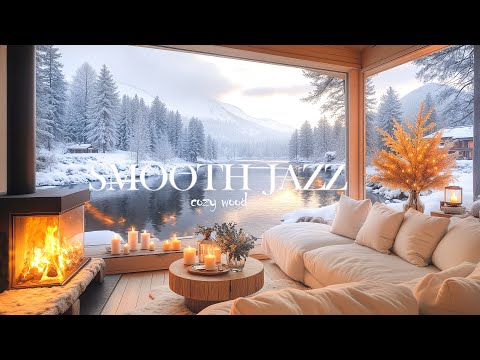 4K Sunset on Lakeside Porch | Cozy Winter Ambience with Smooth Jazz & Crackling Fireplace