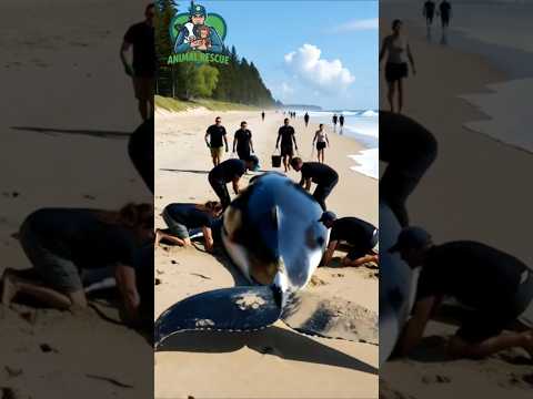 Massive Whale Stranded on Shore — Rescue Team Sprays Water 🐋 #animalrescue #nature