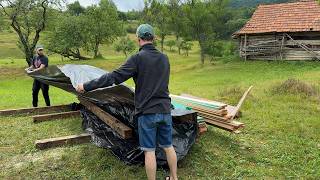 Young People Restoring an Old Abandoned Cabin in the Mountains — Hard Work and Simple Village Life