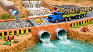 DIY Mini Tractor Builds a Strong Concrete Bridge with 2 Drainage Culverts for Heavy Trucks