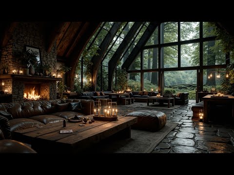 Modern Jungle Villa Warm Fireplace Smooth Jazz Deep Relaxation for Serene Vibes