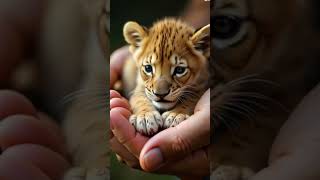 Tiny Lion Cub Purrs in Human Hand 🦁💛 | Most Adorable King Ever #shortsvideos