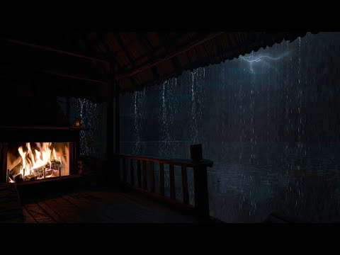 Calm Stormy Evening | Rain on Roof, Rolling Thunder & Warm Fire Sounds for Deep Rest 🌌🔥