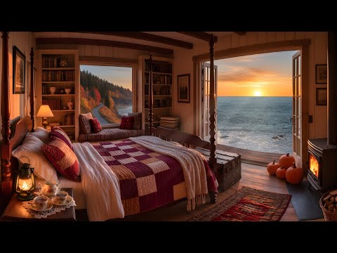Cozy Cottage Bedroom in Autumn | Ocean Sunset Ambience | Relaxing Coastal Waves & Fireplace Sounds