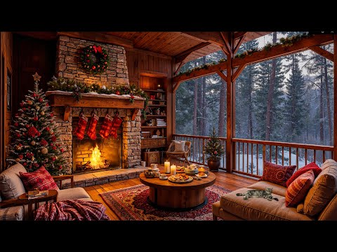 Cozy Winter Porch Ambience - Fireplace Sounds with Gentle Jazz & Soft Piano Jazz Music for Focus