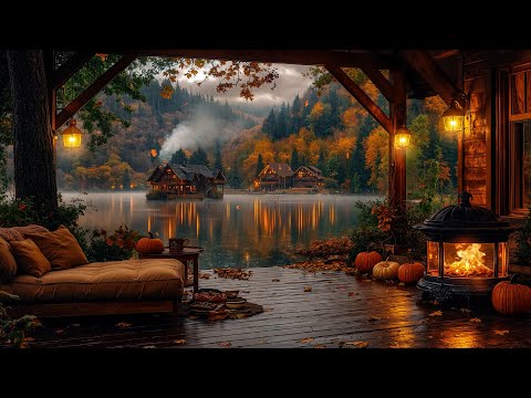 Autumn Porch Retreat by the Lakeside🍂 Cozy Gentle Jazz with Fireplace & Rain Sounds for Relaxation