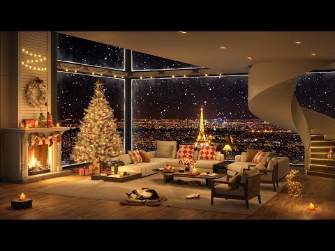 ❄ Paris at Luxurious Christmas Apartment 2025 in Snowing Night 🎄🎅Christmas Jazz by Warm Fireplace