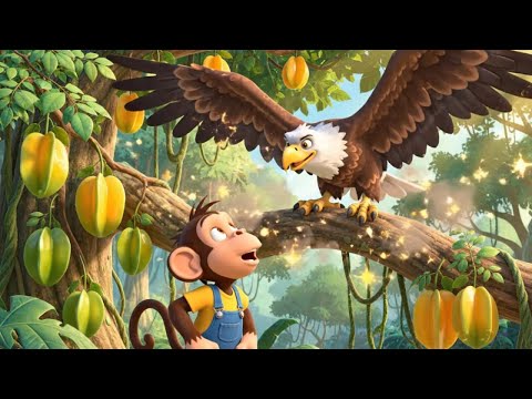 Eagle visits the baby monkey’s starfruit tree | Kidstorytime