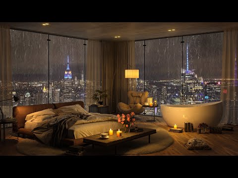 🛌 Cozy Bedroom with Relaxing Jazz Ambience in New York 🌧️ Rain Sounds for Deep Sleep 😴