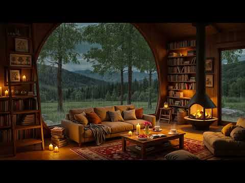 Soft Jazz Music for Deep Sleep - Rainy Day at Cozy Reading Nook with Fireplace Sounds