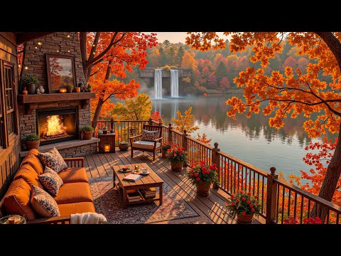 Riverside Porch for a Cozy Autumn Day 🍂 Gentle Piano Jazz & Warm Fireplace Glow for Relaxation