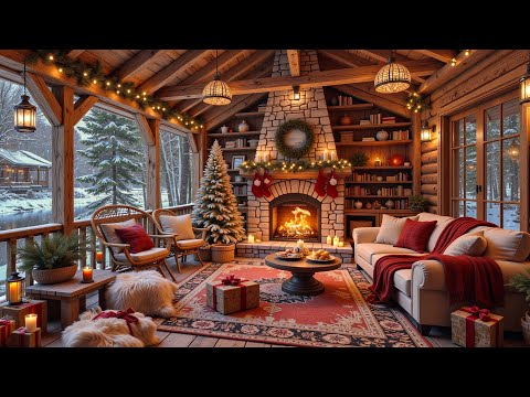 Falling Snow on the Cozy Winter Porch ❄️ Warm Jazz Music & Fireplace Ambience for Stress Relief