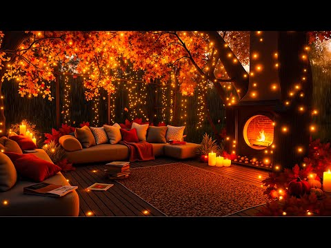 Pumpkin Glow Evening 🎃🌙 Cozy Fireplace and Rain Sounds in a Peaceful Autumn Wonderland
